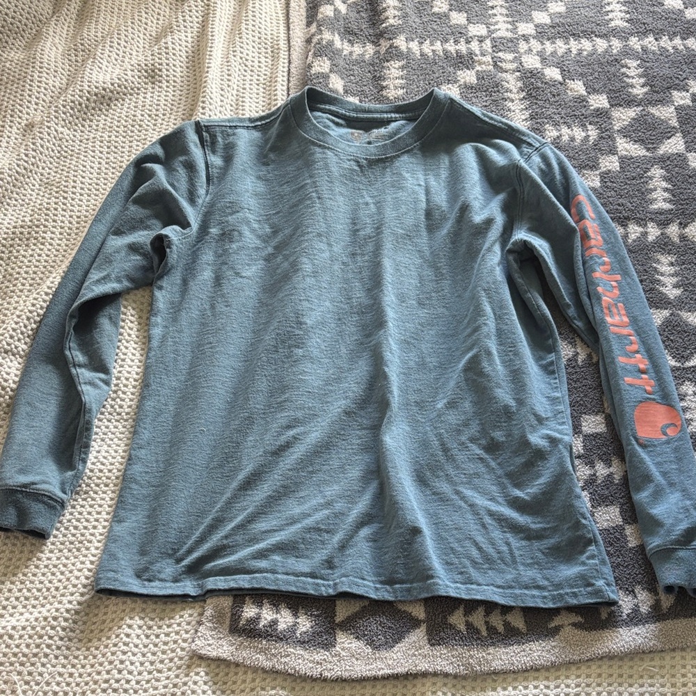 Carhartt Blue Long Sleeve Tee with Coral Sleeve Logo